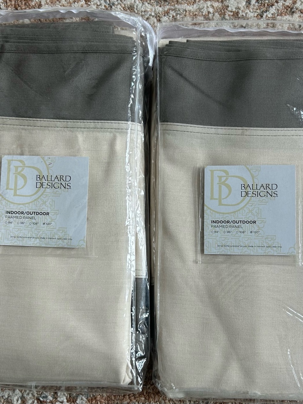 Ballard Designs Cream and Gray Indoor/Outdoor Sunbrella  Panel Curtain Pair